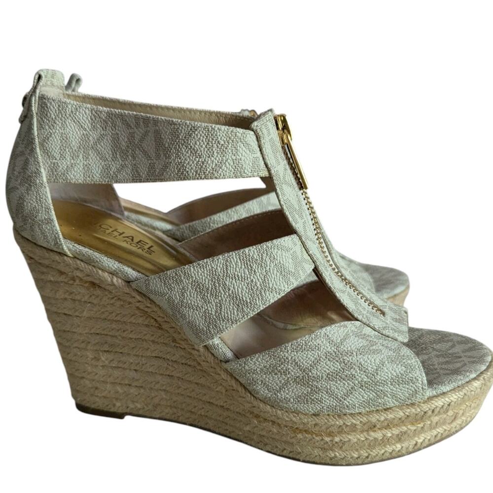 Michael Kors Vanilla Damita Logo MK Signature Wedge Sandals Women 7.5 Shoes - Picture 10 of 11